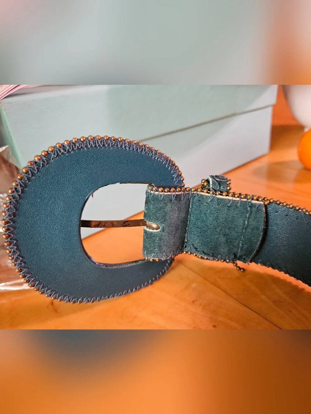 Vintage Belt Teal Velvet Leather Suede Beaded Large Round Buckle Sostanza